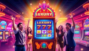 Main feature of luxury777 slot machine in a vibrant casino atmosphere with celebrating players.