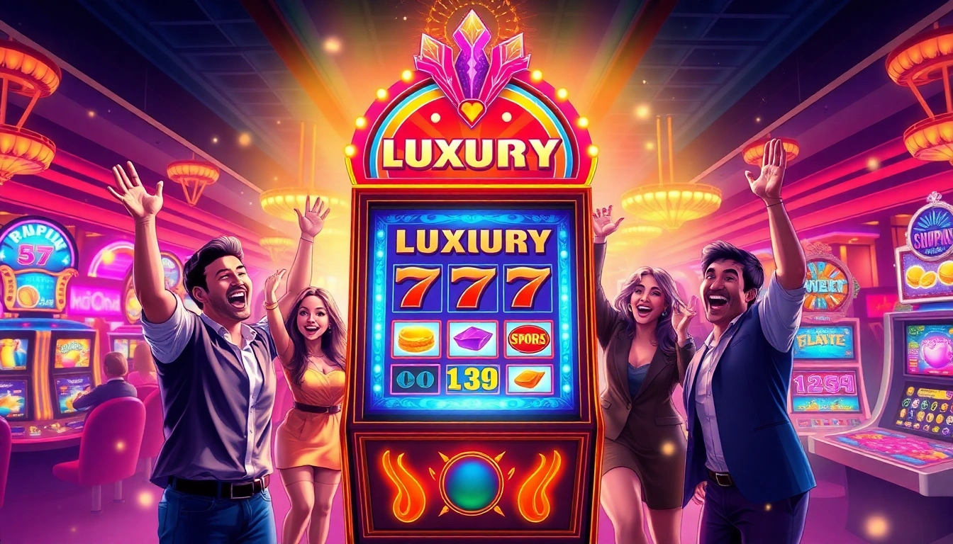 Main feature of luxury777 slot machine in a vibrant casino atmosphere with celebrating players.