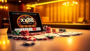 Experience luxury and excitement at https://xx88.pizza/ with poker chips and a roulette table.