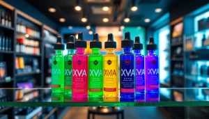 Oxva Liquid in bunten Flaschen, stilvoll präsentiert im modernen Vape-Shop.