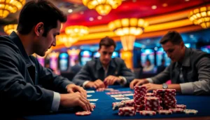 Menampilkan pemain yang fokus pada permainan Domino88 poker game di kasino yang cerah.