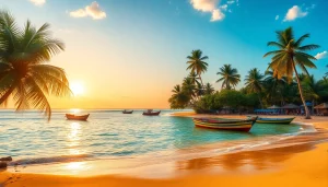 Clima em Paripueira retratado de forma deslumbrante com o pôr do sol sobre praias tropicais, destacando areias douradas e águas claras.