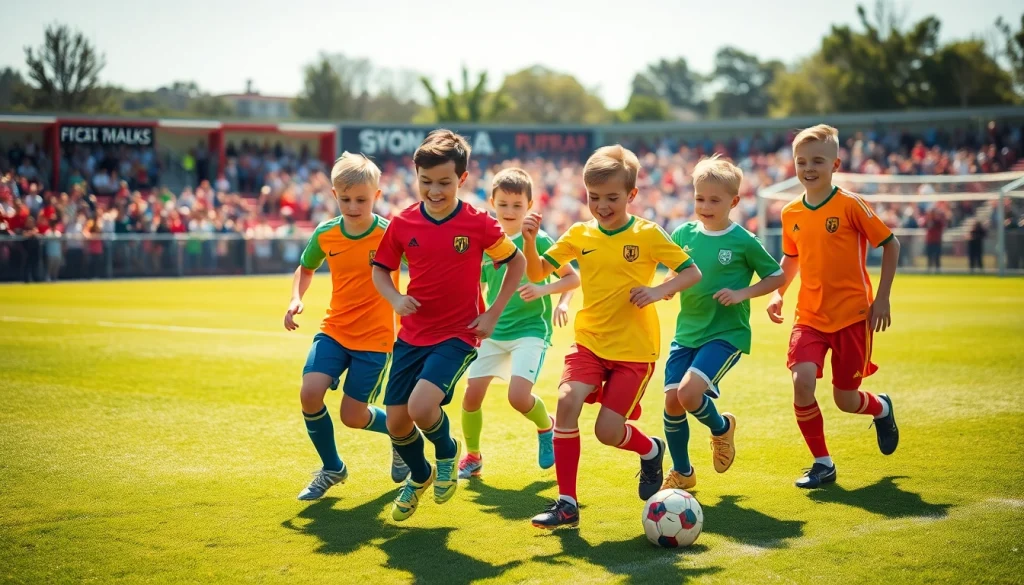 Children enjoying a game in colorful, affordable cheap football kits on a sunny field.