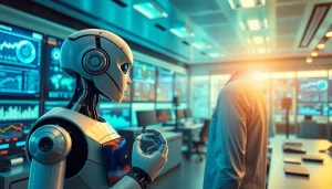 Engaging visual of https://mohamedmmblog.tech featuring AI robots and smart gadgets in a futuristic workspace.