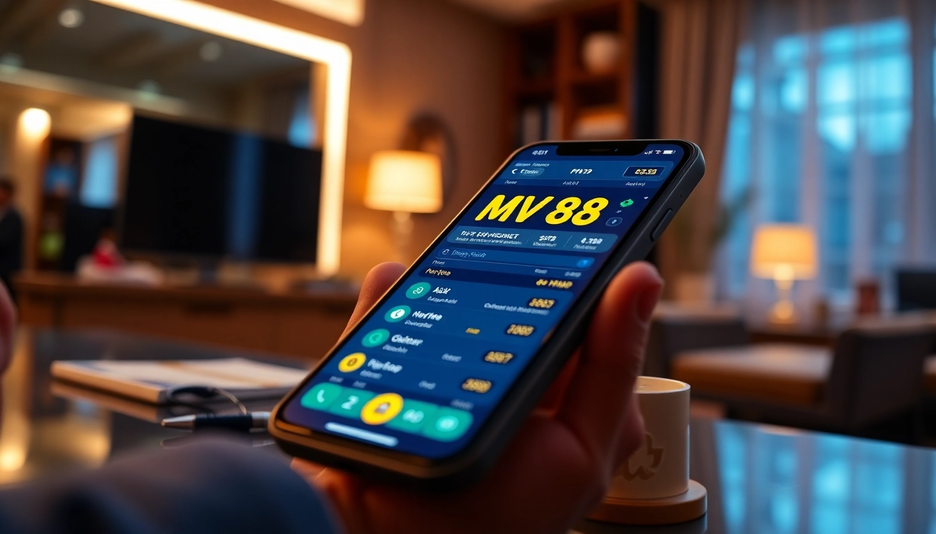 MV 88 app on smartphone showcasing secure USDT transactions in a modern home office setup.
