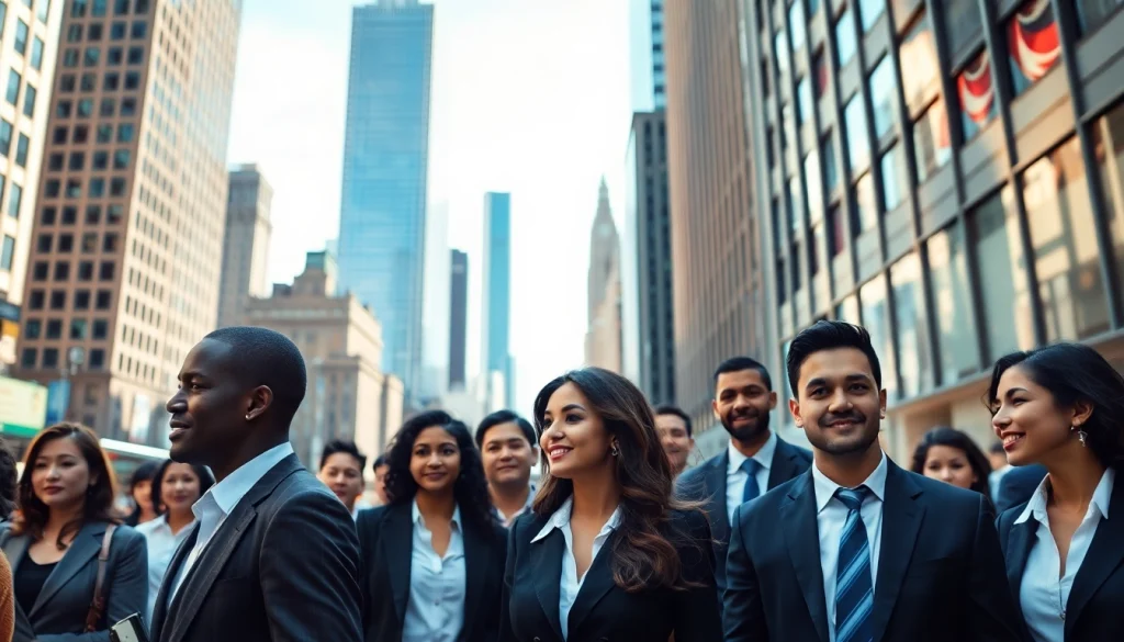 Find jobs new york in a vibrant cityscape with diverse professionals engaged in job searching.