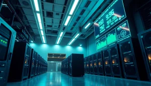 Dynamic overview of crypto mining operations with advanced ASIC rigs, illuminated server room, and real-time data displays.