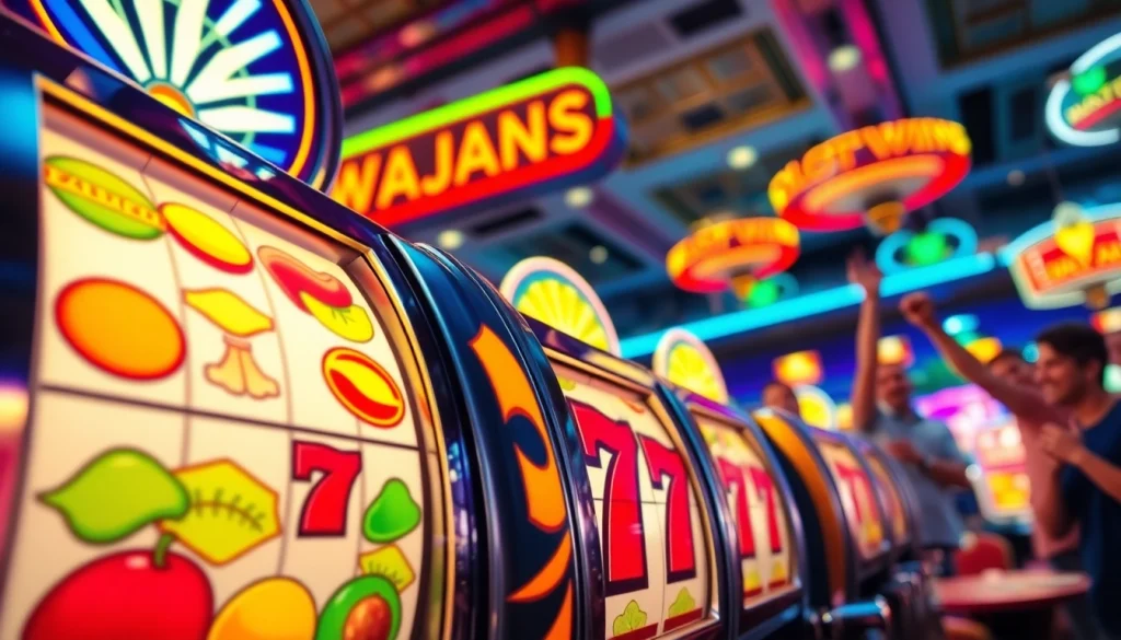 Slot gacor sedang berputar dengan simbol kemenangan yang cerah dan para pemain merayakan di kasino.