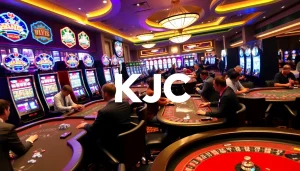 KJC AC 1 casino atmosphere with lively players at tables, featuring roulette and slot machines.