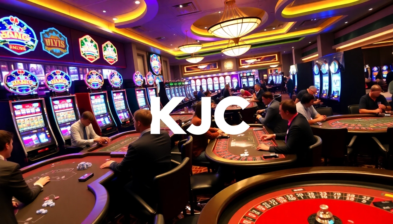 KJC AC 1 casino atmosphere with lively players at tables, featuring roulette and slot machines.