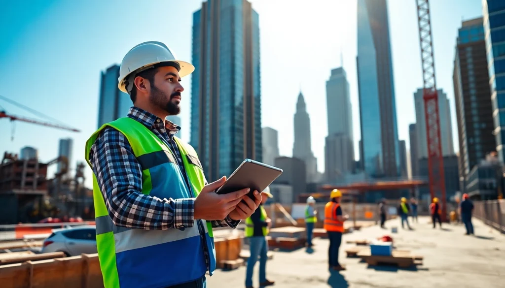 New York City Construction Manager analyzing project plans on a busy construction site in NYC.