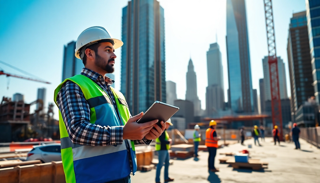 New York City Construction Manager analyzing project plans on a busy construction site in NYC.