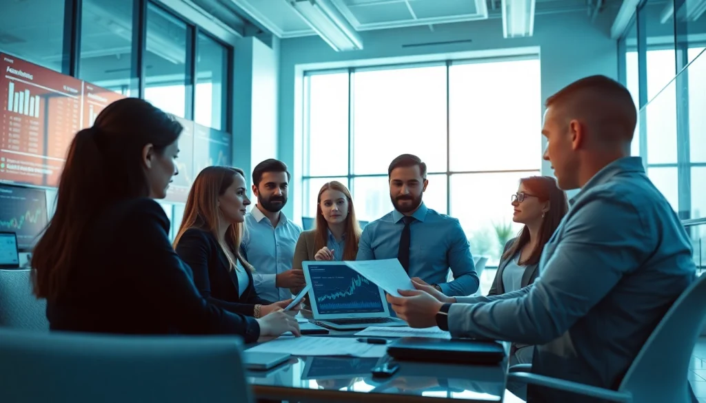 Illustration of professionals discussing strategies for crypto company accounting in a modern office.
