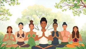 Practitioners demonstrating various yoga mudras in a tranquil natural setting