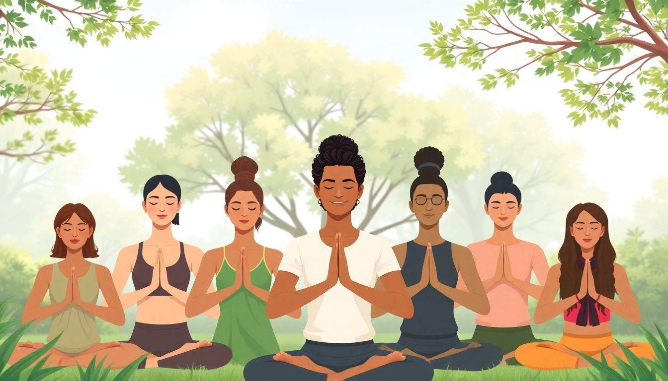 Practitioners demonstrating various yoga mudras in a tranquil natural setting