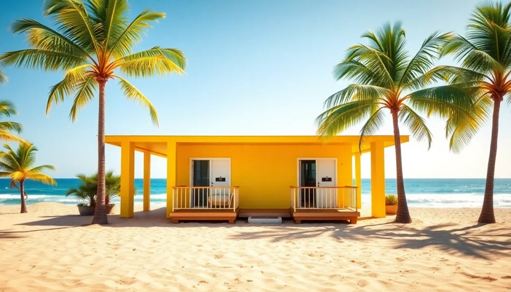 Relaxing view of coastal cabana with palm trees and ocean backdrop.