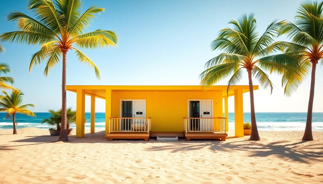 Relaxing view of coastal cabana with palm trees and ocean backdrop.