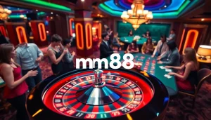 mm88 players enjoying an exciting game at a vibrant roulette table in a luxurious casino.