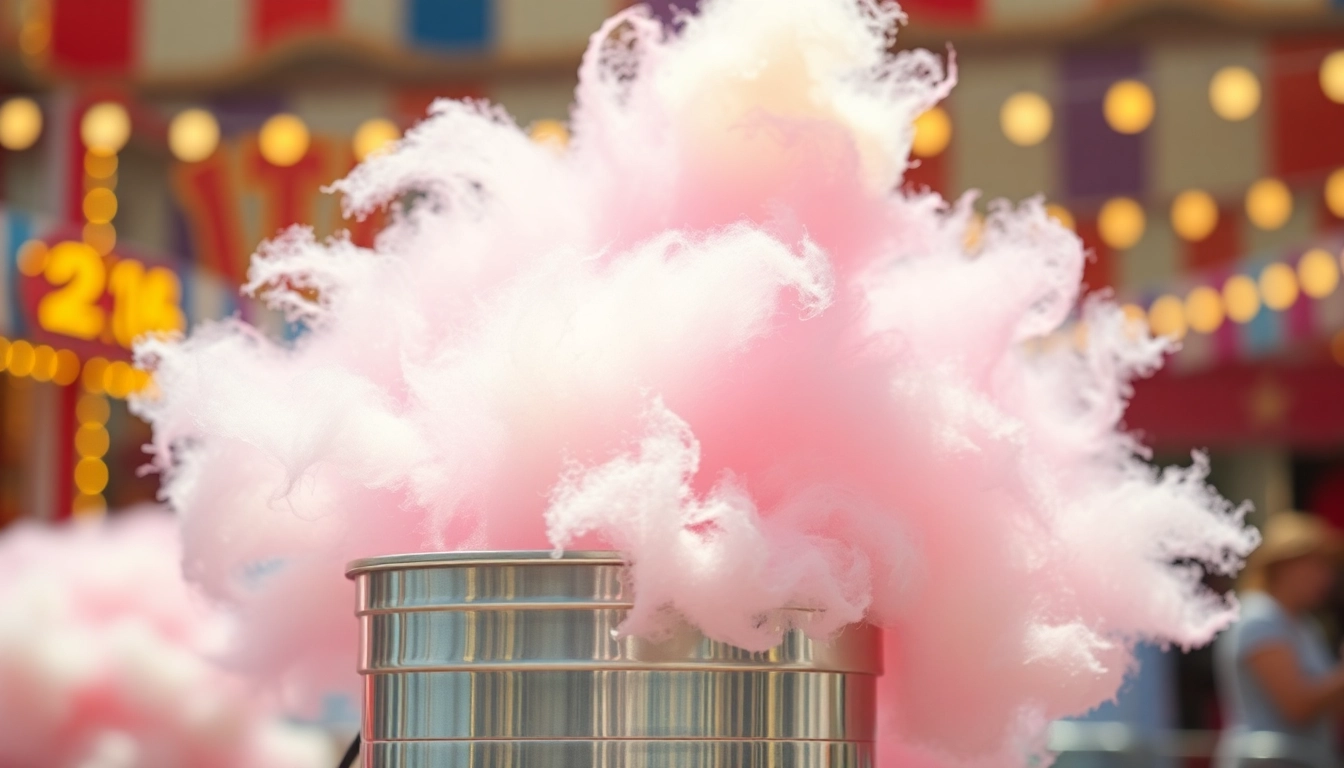 A woman enjoying wafel katoen at a fun fair, surrounded by colorful cotton candy.