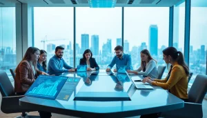 Collaborative scene showcasing technology in a modern office environment with diverse people.