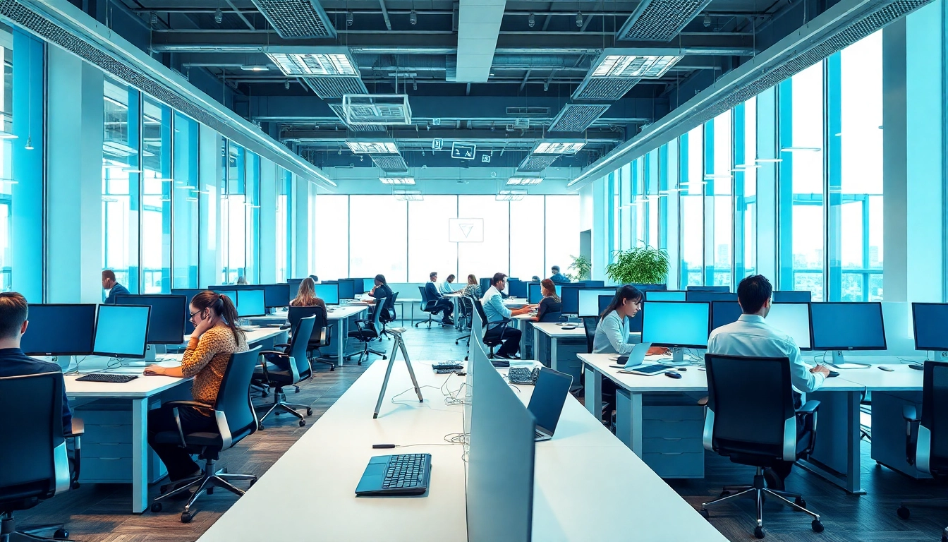 Engaged professionals in a typing center showcasing productivity and modern office design.