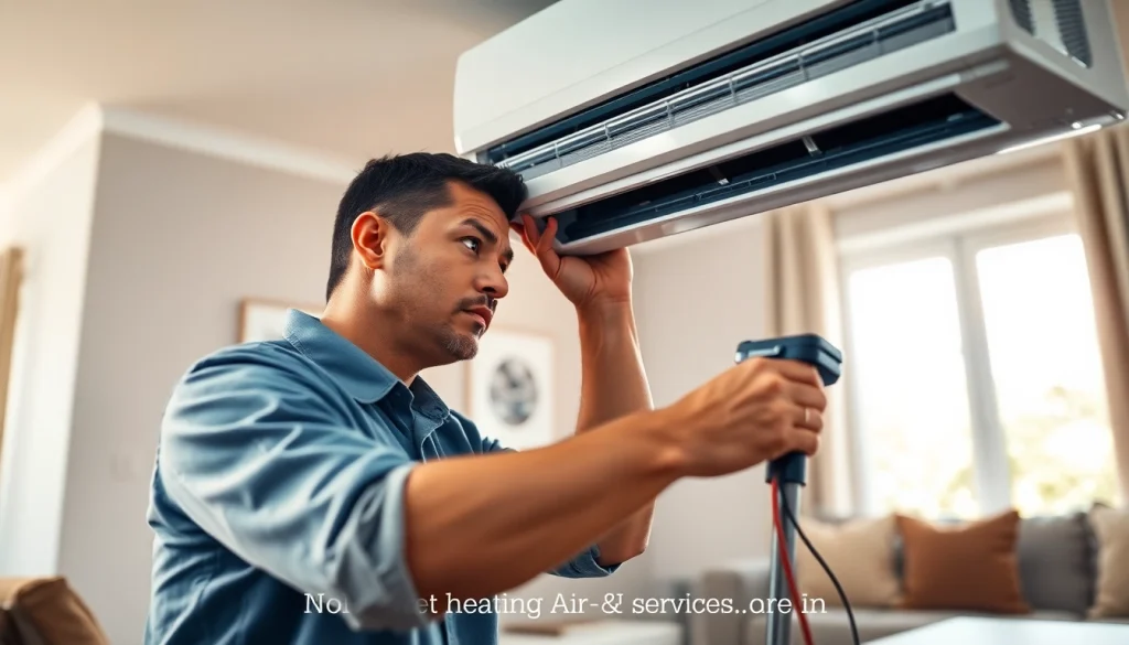 HVAC technician providing service at https://nobleheatingairservices.com with professional equipment.