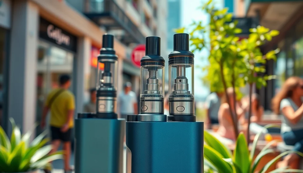 Vapes in urban setting, showcasing a modern design under bright sunlight.