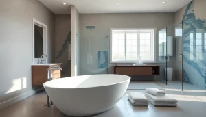 Emphasizing the bathroom remodeling service with a beautifully designed modern bathroom.