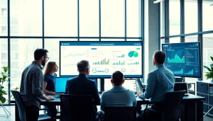 Analyze the smm panel performance with a modern marketing team in a vibrant office.