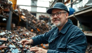 Schrotthändler Bottrop sortiert Altmetall auf einem Schrottplatz für effizientes Recycling.