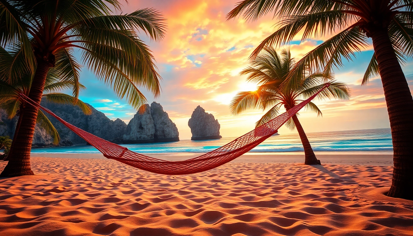 Captivating scene depicting Cabo travel guide 2025 with a sunset over sandy beaches and palm trees.