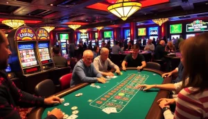 Exciting casino scene depicting players at KJC AC poker tables and slot machines.