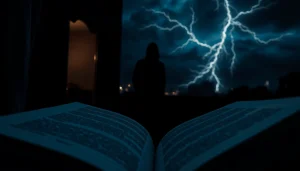 Mysterious silhouette by a window with an open thriller book highlighting suspenseful atmosphere.