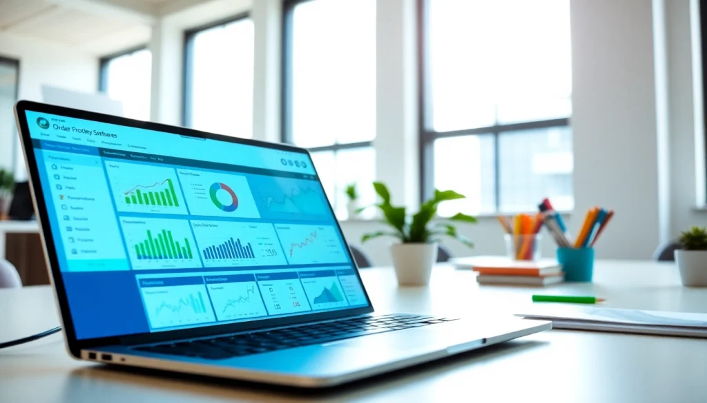 Enhance productivity with order processing software showcased on a modern laptop in a vibrant office.