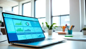 Enhance productivity with order processing software showcased on a modern laptop in a vibrant office.