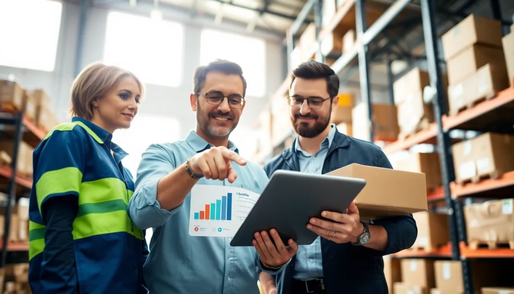 3PL logistics team analyzing data in a modern warehouse with focus and teamwork.