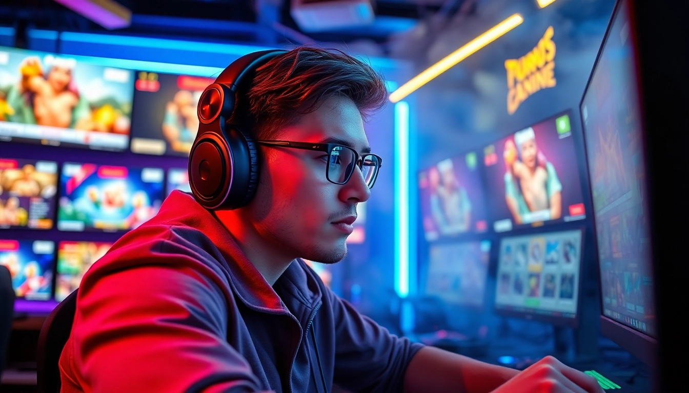 Engaged gamer in a dynamic gaming room, showcasing excitement on https://whycazino.com.