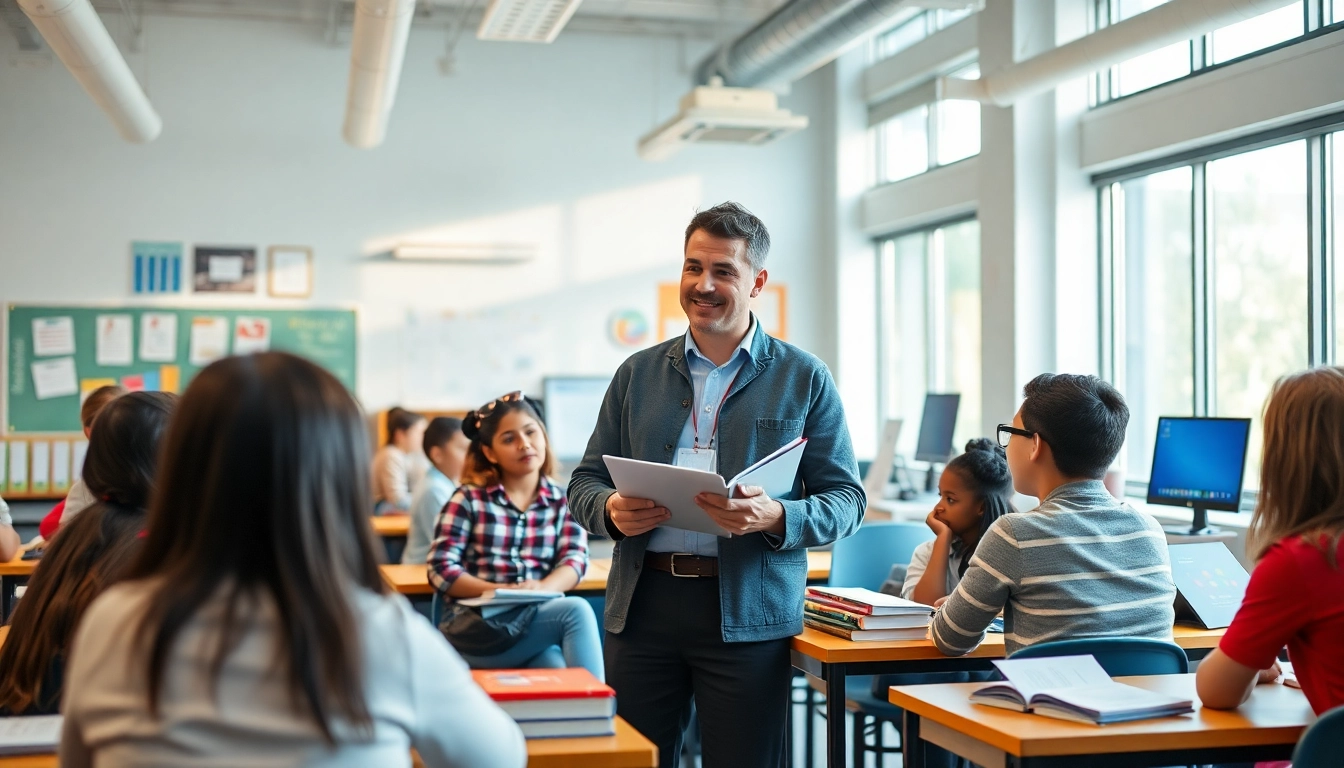 Engaged students and educator collaborating in a colorful classroom focused on Education.