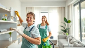 Cleaning Service team professionally tidying a bright residential space, emphasizing a clean environment.