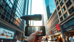 MV 88 microphone in use by a content creator capturing audio in a vibrant cityscape.
