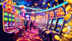 Slot gacor mesin permainan yang berputar dengan koin berjatuhan dan suasana kasino yang ceria.