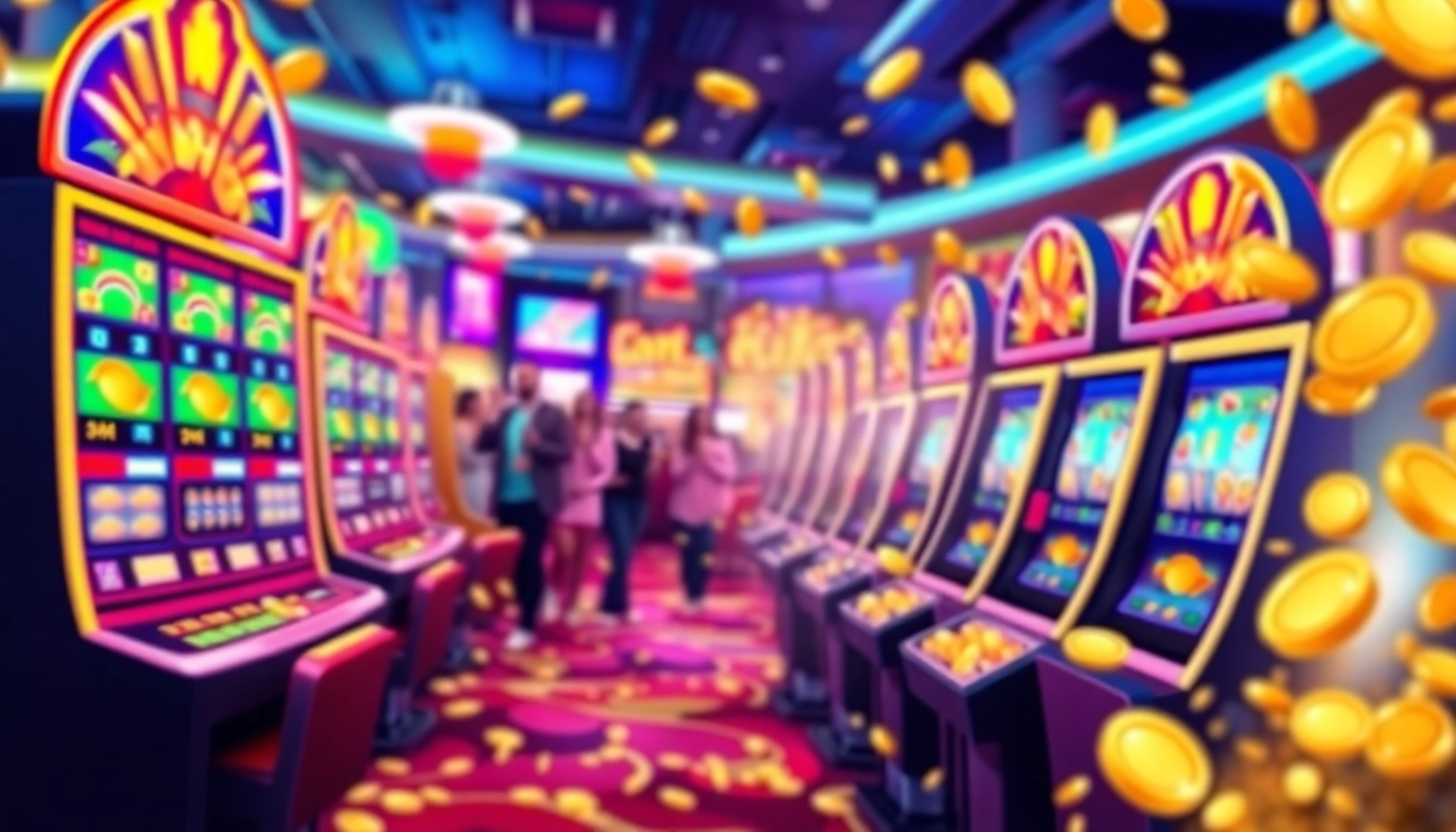 Slot gacor mesin permainan yang berputar dengan koin berjatuhan dan suasana kasino yang ceria.