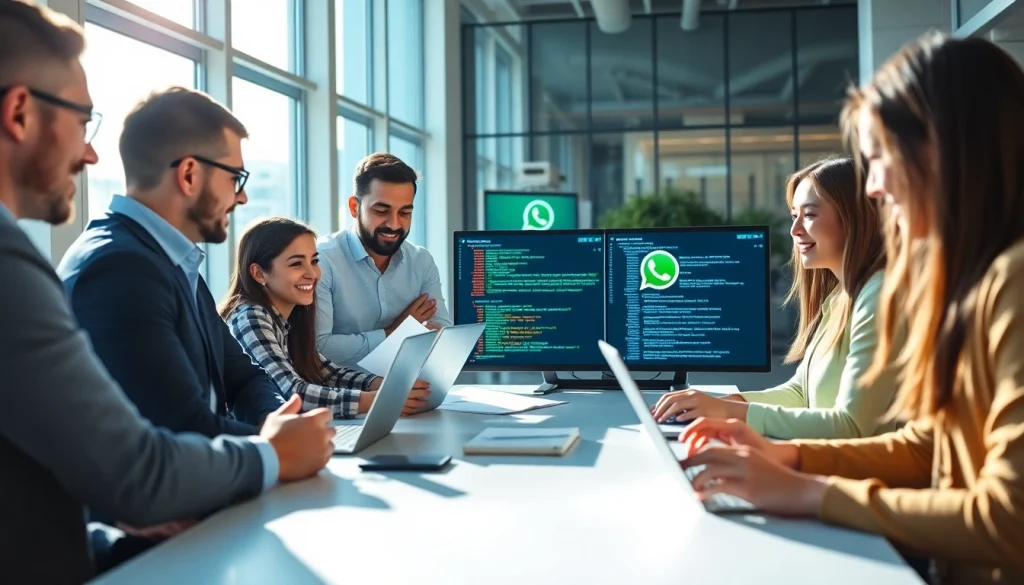 Showcase of WhatsApp API integration with a diverse team collaborating in a vibrant office.