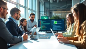 Showcase of WhatsApp API integration with a diverse team collaborating in a vibrant office.