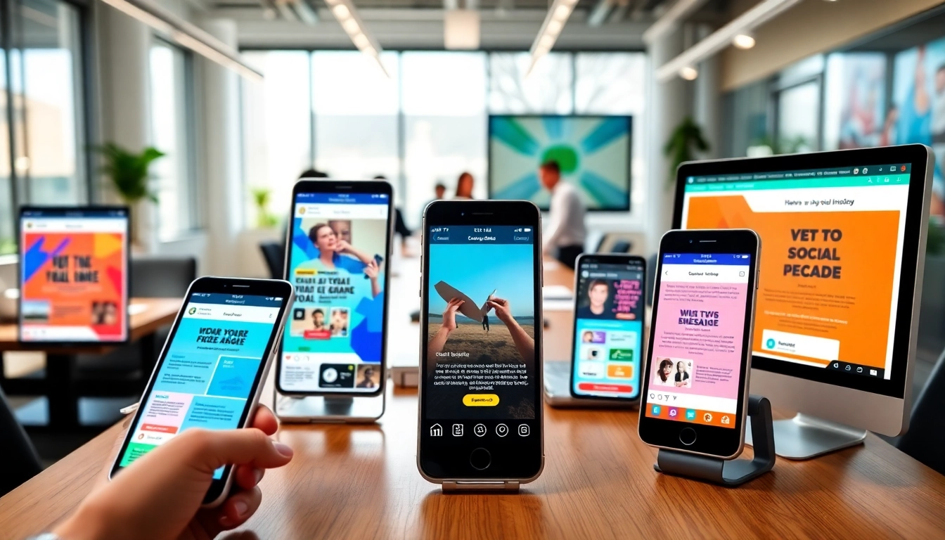 Engaging social media ads presented on multiple screens in a collaborative office setting.