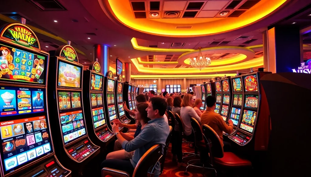 Menampilkan permainan slot gacor dengan pemain yang antusias di kasino modern.