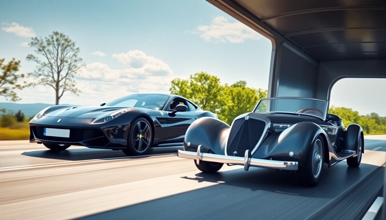 Transporting luxury vehicles with precision at https://luxuryautocarriers.com, showcasing an elegant black Ferrari and vintage car.