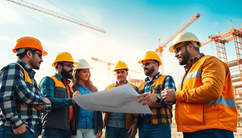 Explore careers in construction by viewing diverse professionals collaborating on a job site.