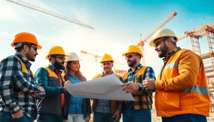 Explore careers in construction by viewing diverse professionals collaborating on a job site.