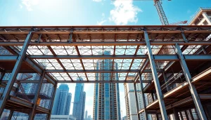 Visual representation of steel structure design featuring a modern skyscraper framework amidst urban construction.